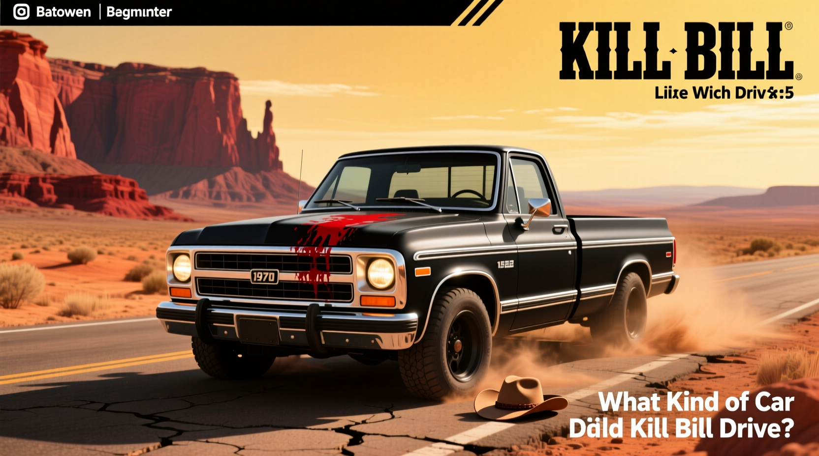 Close-up view of the front grille and headlights of the yellow Kill Bill pickup truck