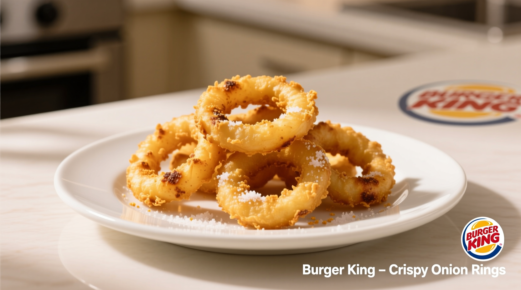 Golden crispy Burger King onion rings on white plate