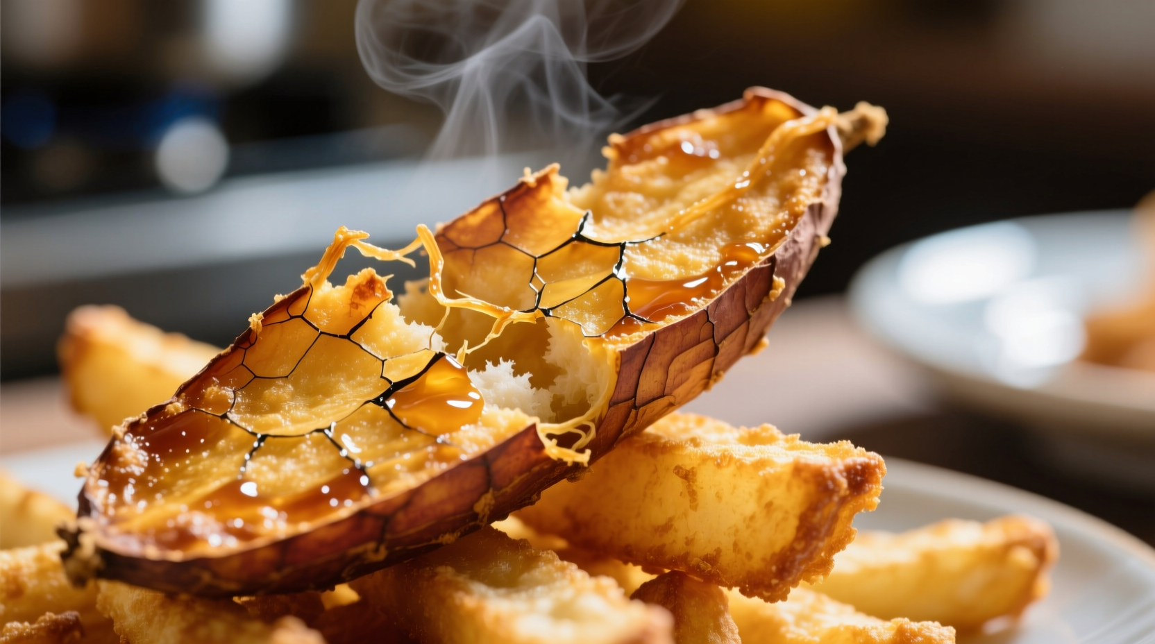 Close-up of crispy yam fry texture with visible crisp edges
