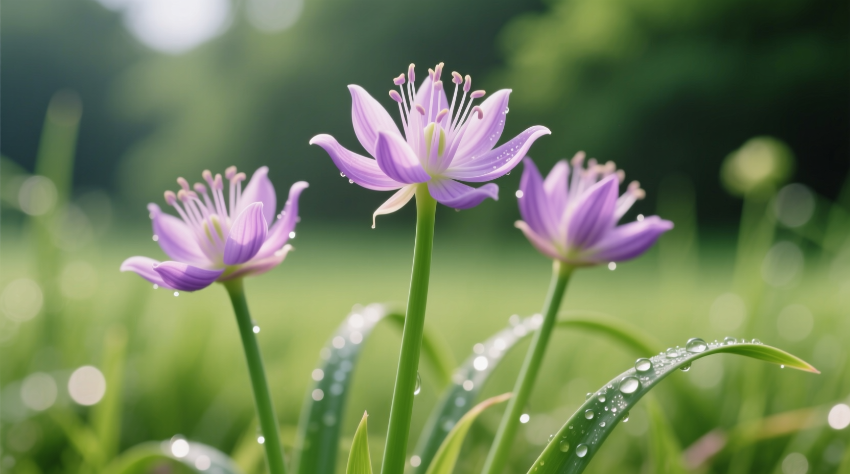 Fresh purple onion blossoms on green stalks