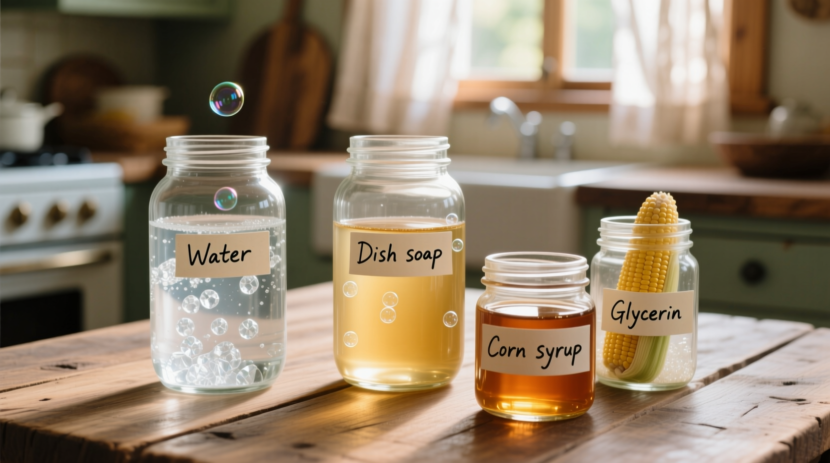 Homemade bubble solution ingredients in clear containers