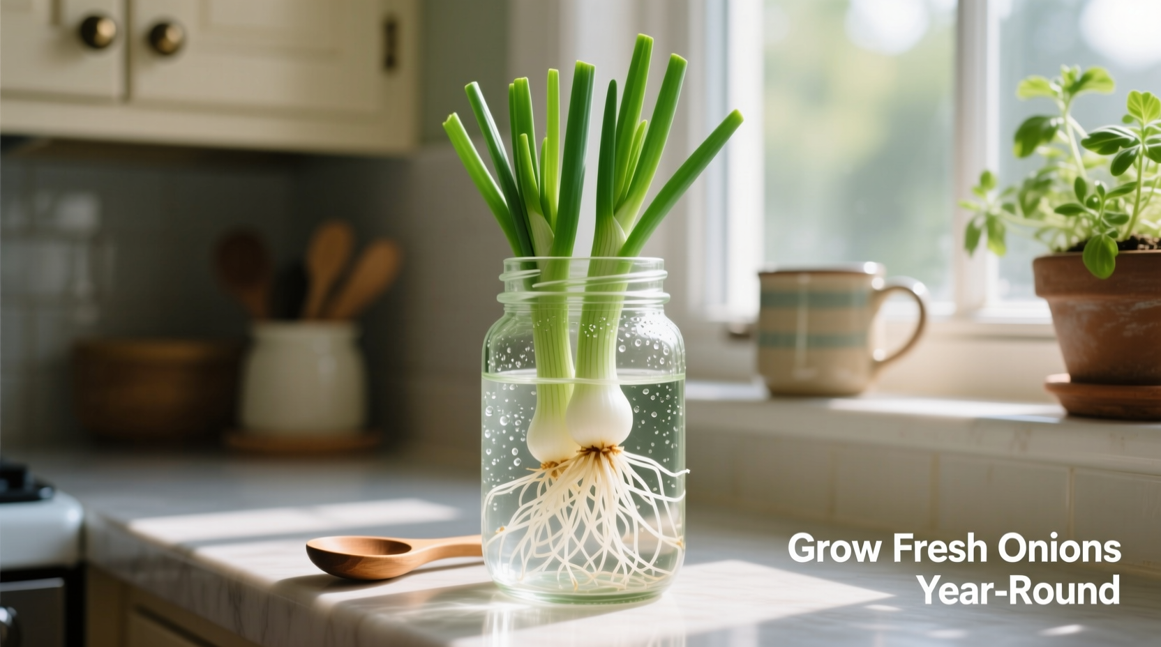 Growing onions in water on kitchen windowsill