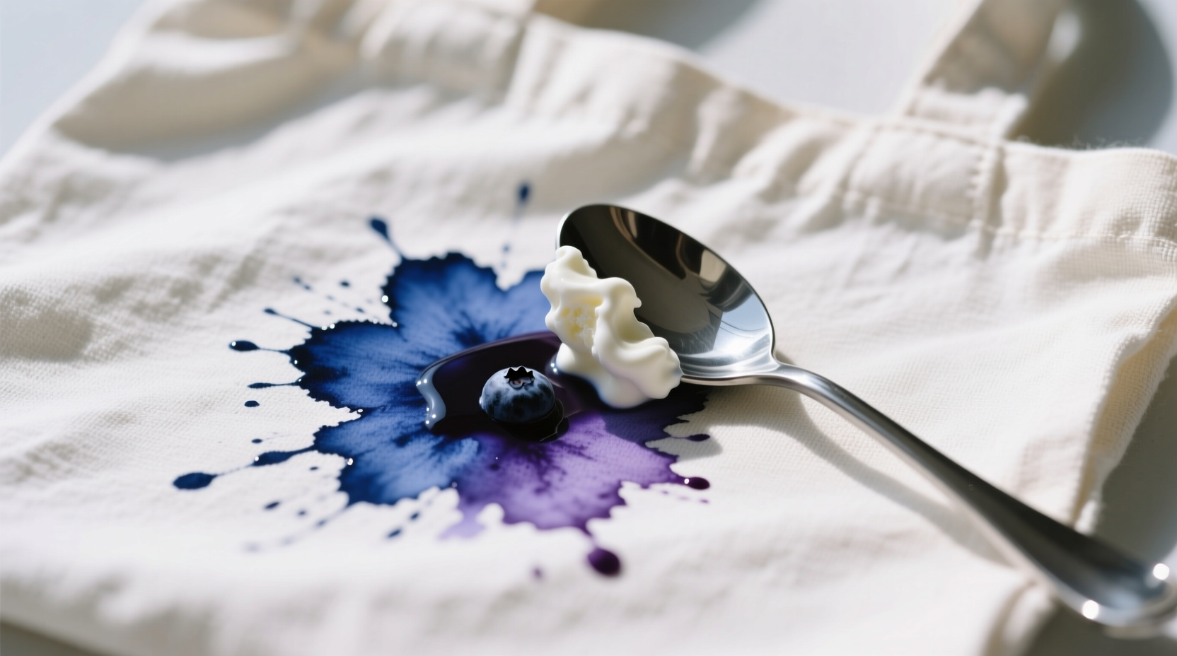 Close-up photo showing a cotton canvas tote bag with a fresh blueberry stain, next to a stainless steel spoon pressing frozen yogurt onto the stain—both items resting on a clean white linen towel under soft daylight