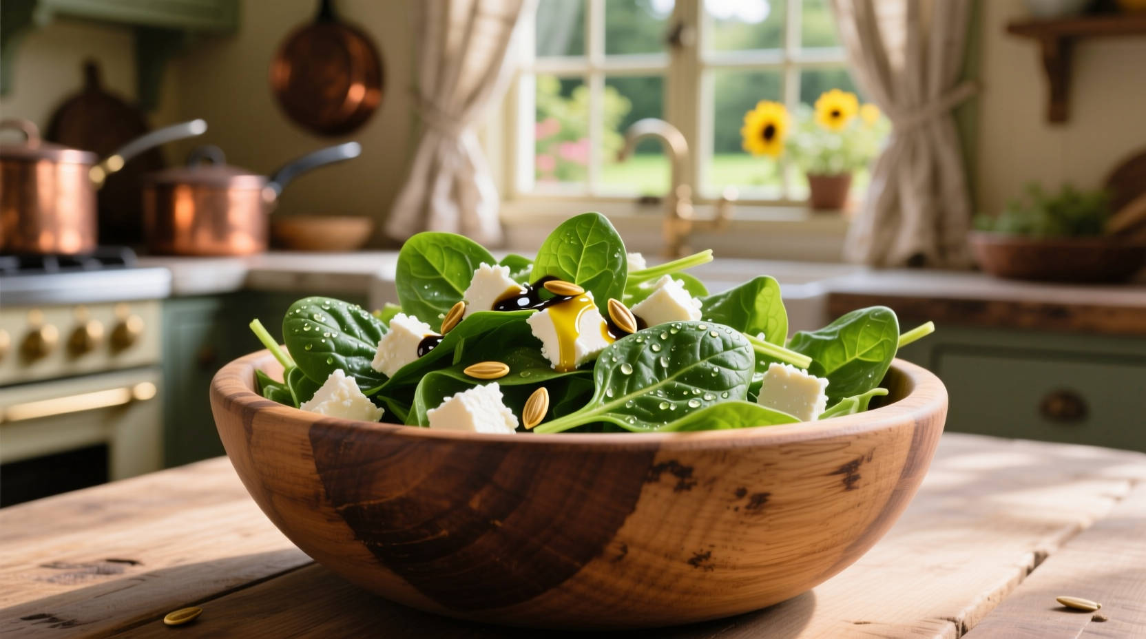 Fresh spinach and feta cheese salad in a wooden bowl