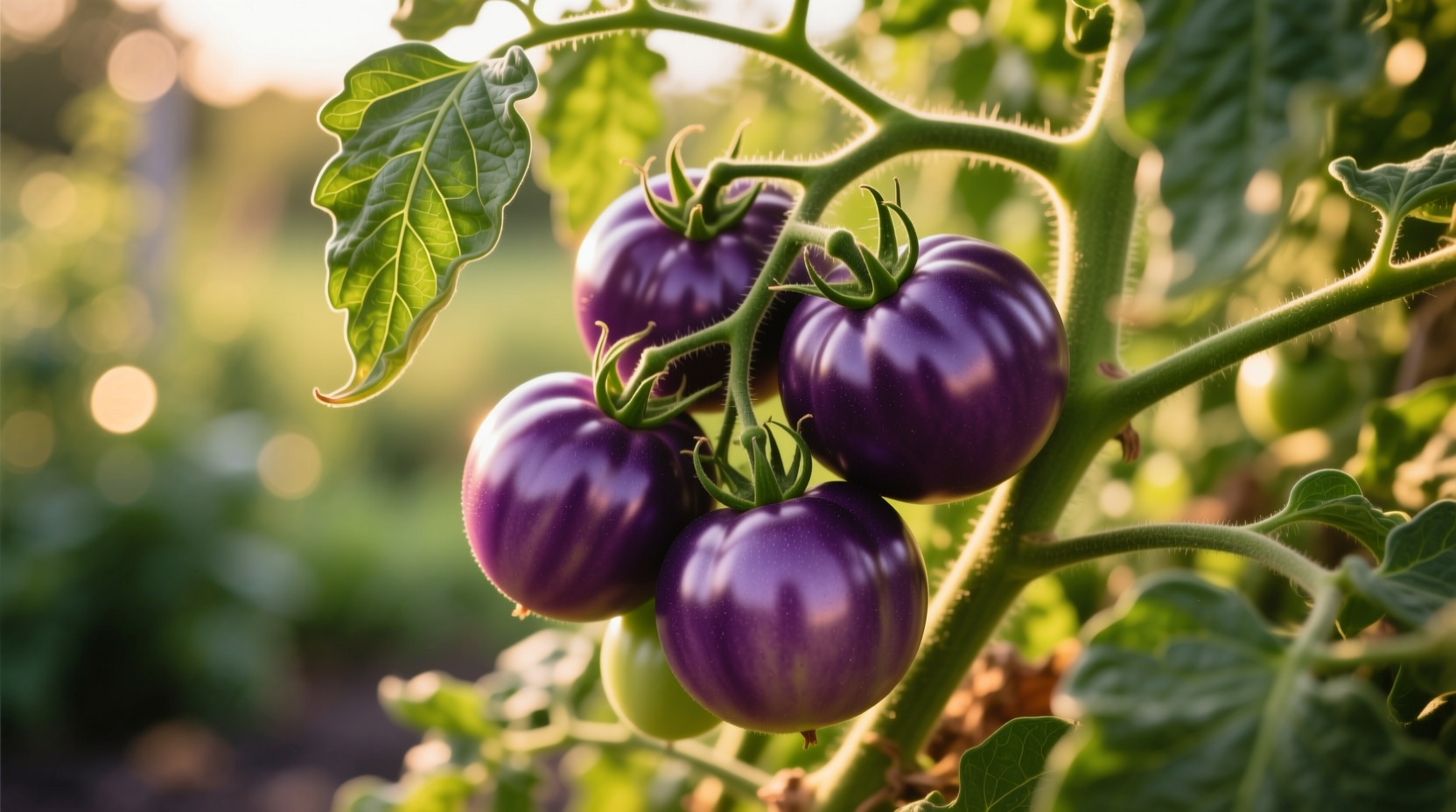 Ripe purple cherokee tomatoes on vine with green leaves