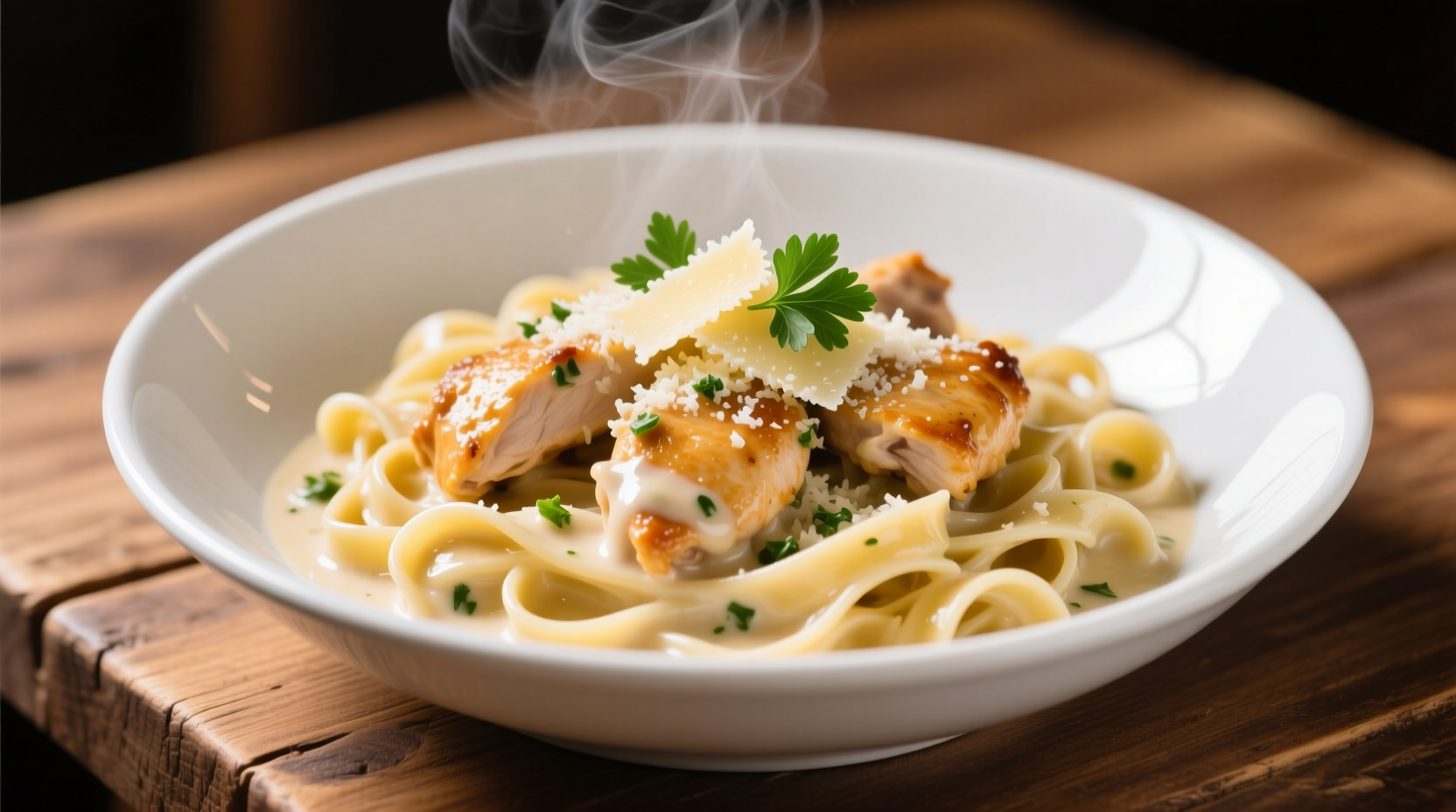 Creamy garlic parmesan chicken pasta in white bowl