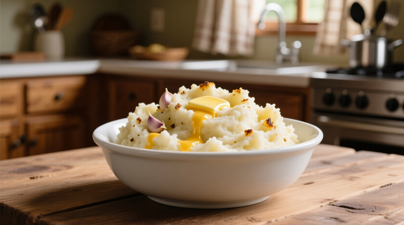 Creamy garlic and cheese mashed potatoes in white bowl