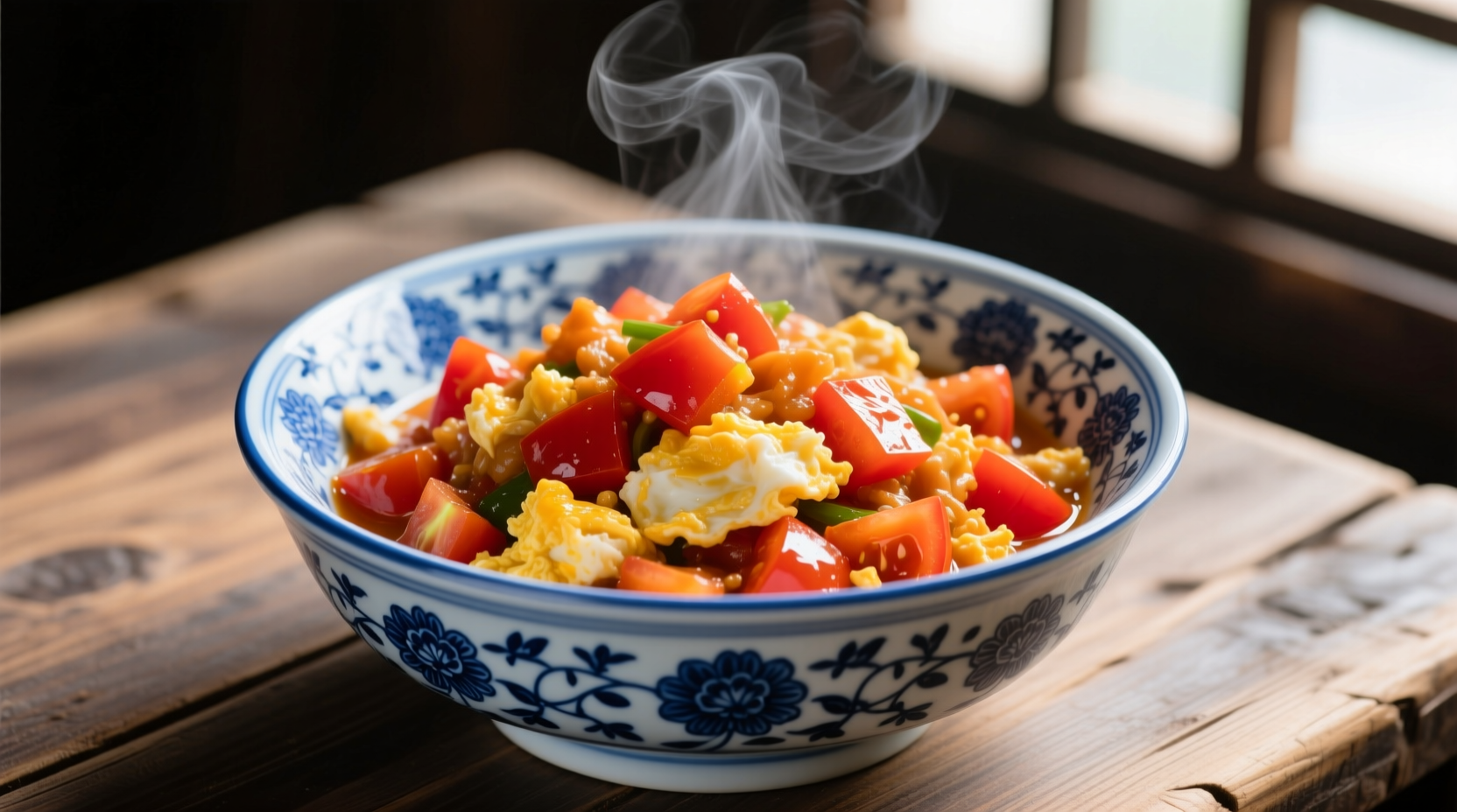 Chinese tomato egg stir-fry in traditional blue porcelain bowl