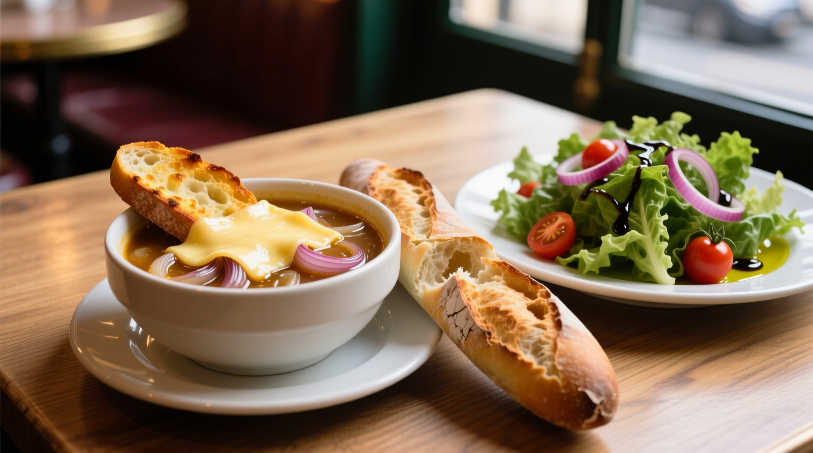 French onion soup with crusty baguette and salad