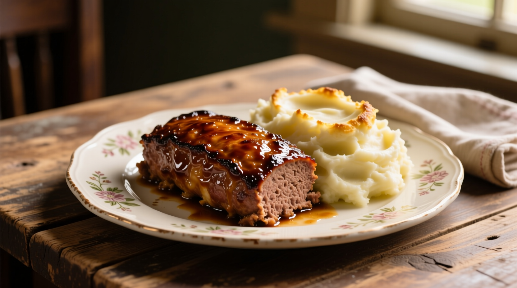 Meatloaf and creamy mashed potatoes on vintage plate
