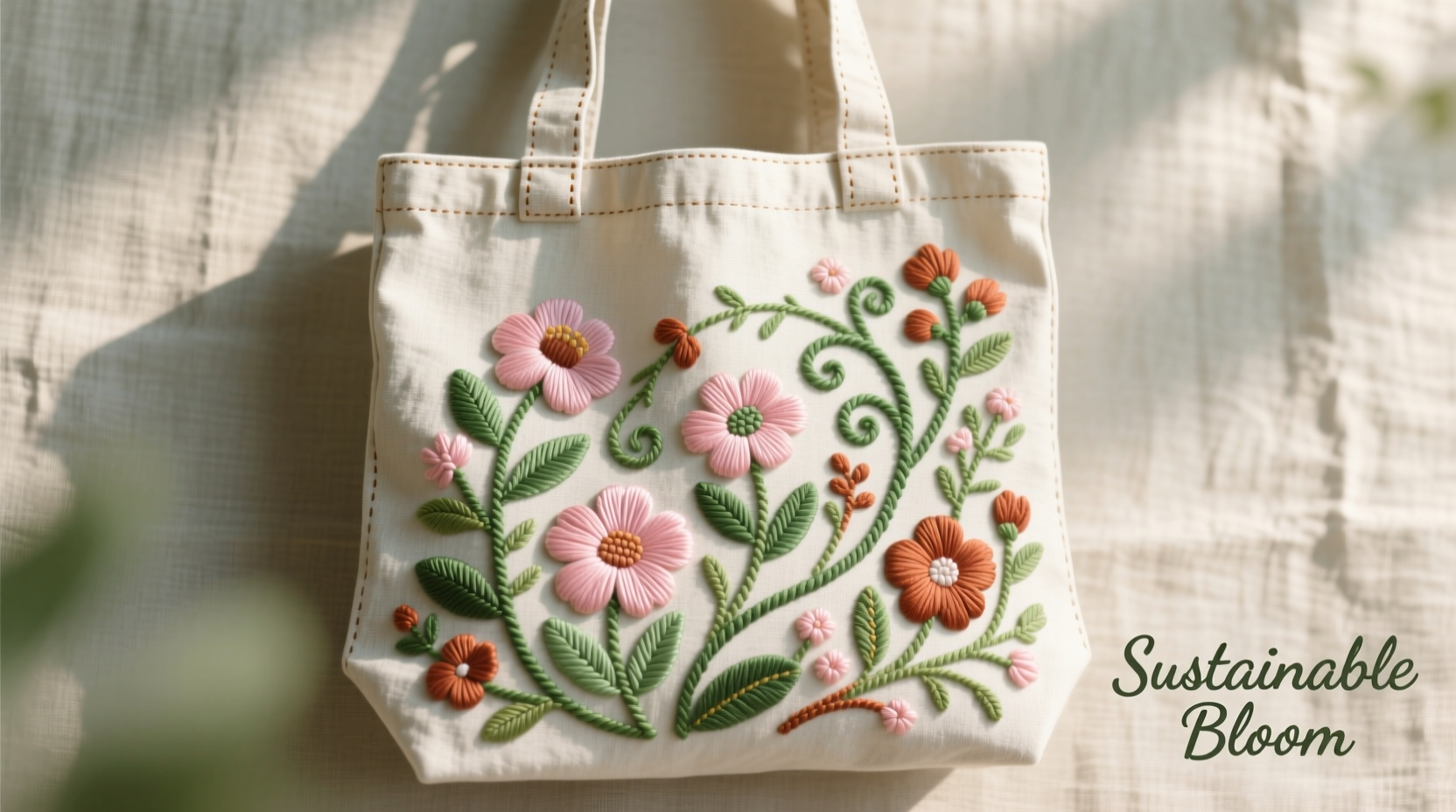 Upcycled t-shirt tote bag with embroidered floral design