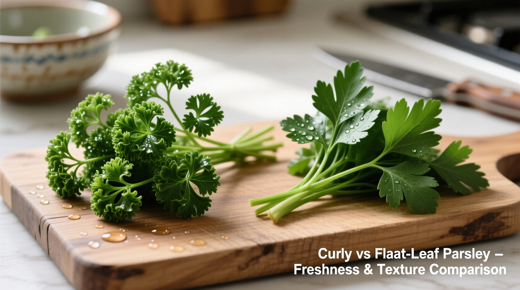 Side-by-side comparison of curly and flat-leaf parsley
