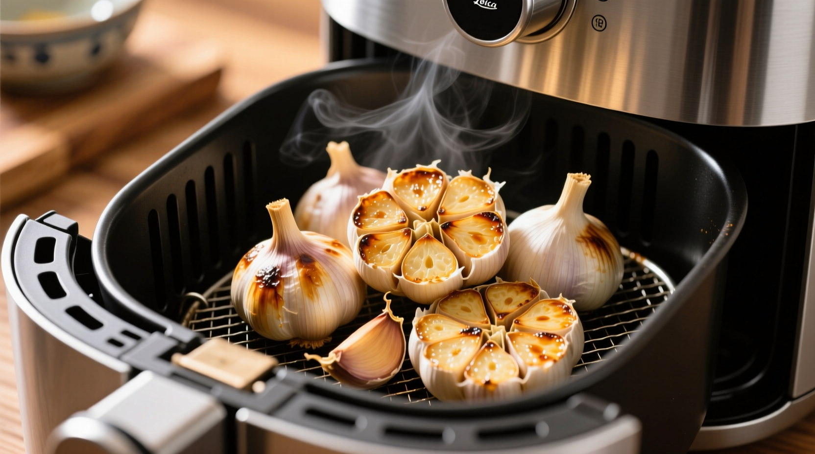 Roasted garlic cloves in air fryer basket