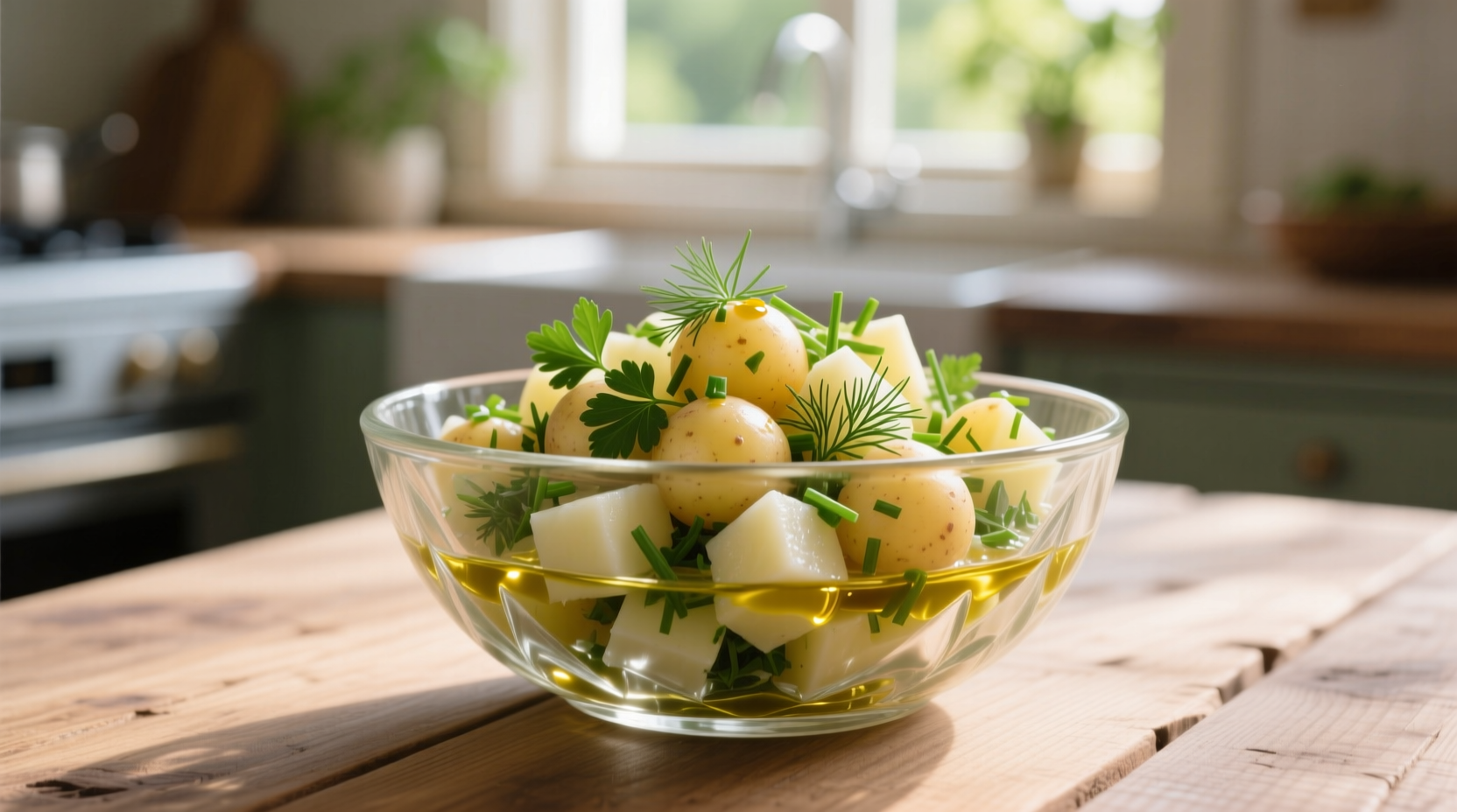 Simple potato salad in glass bowl with fresh herbs