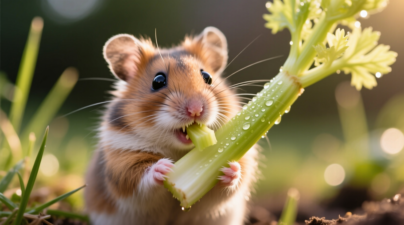Hamster nibbling small piece of celery