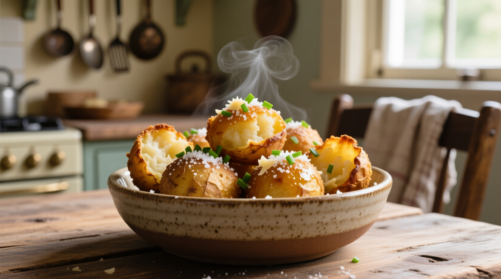 Golden brown potato poppers served in a rustic bowl
