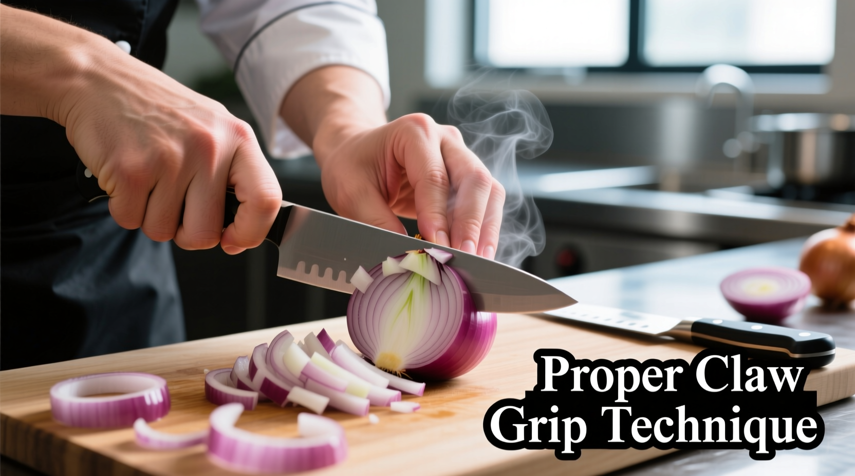 Chef's hands demonstrating proper claw grip while dicing onion