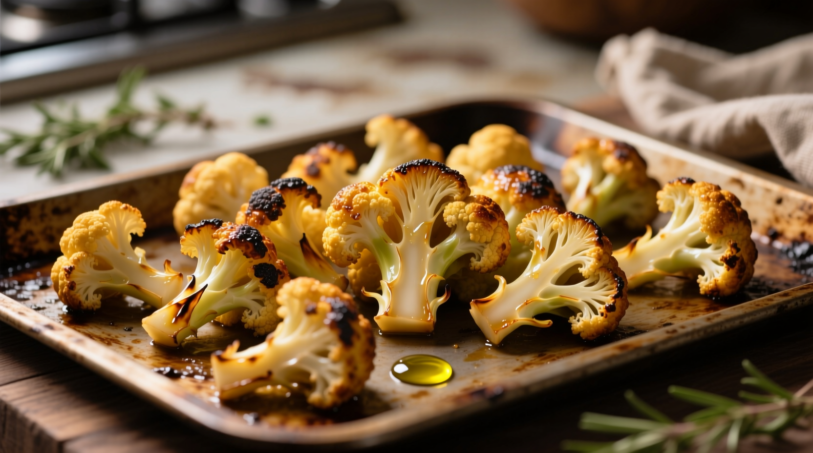 Perfectly roasted golden cauliflower florets on baking sheet