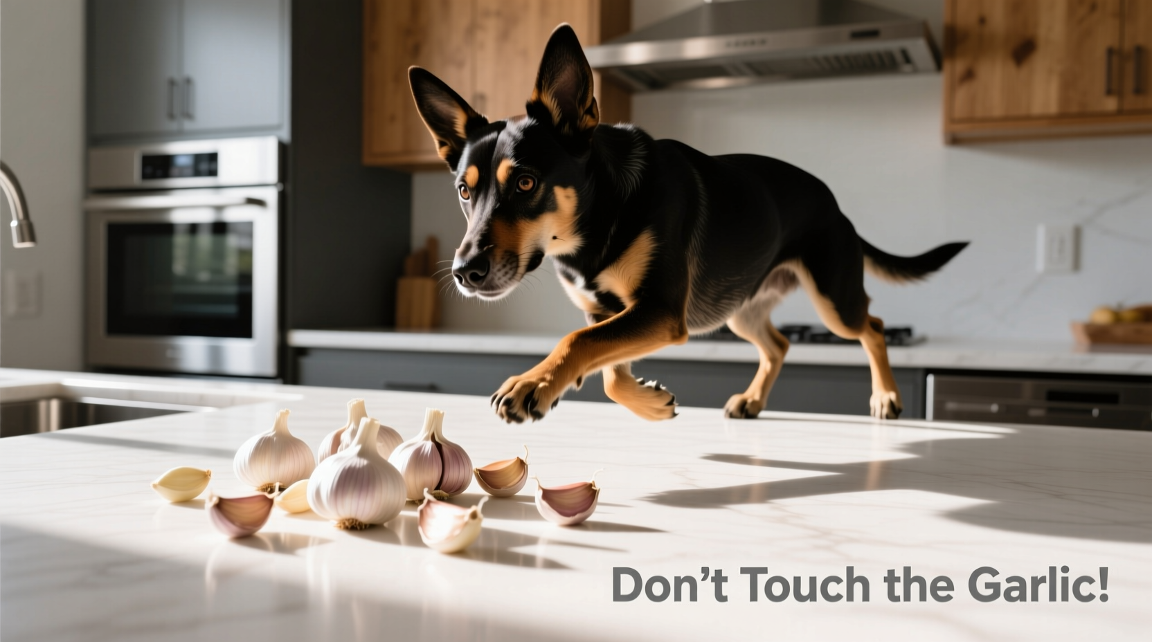 Dog avoiding garlic cloves on kitchen counter
