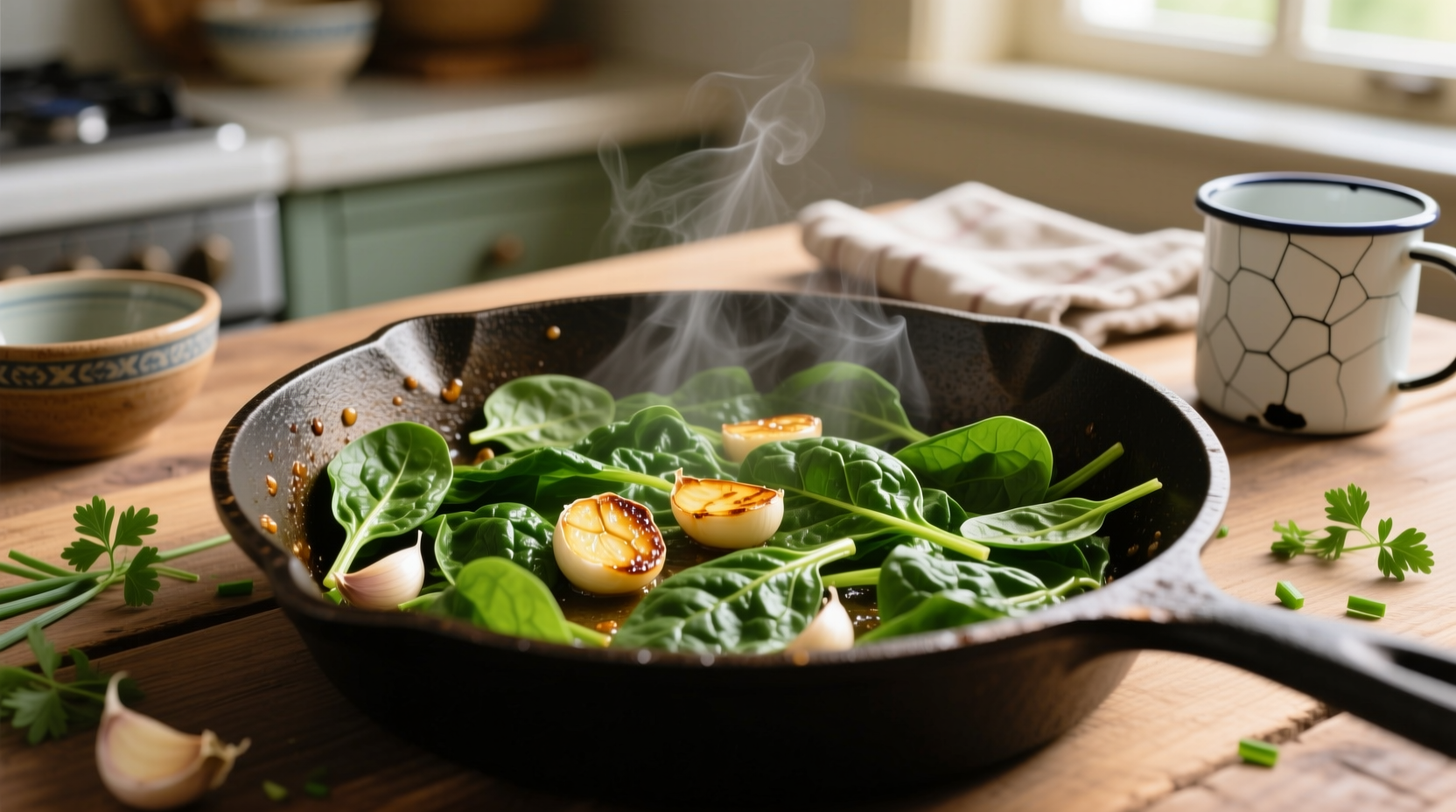Fresh spinach leaves in cast iron skillet with garlic