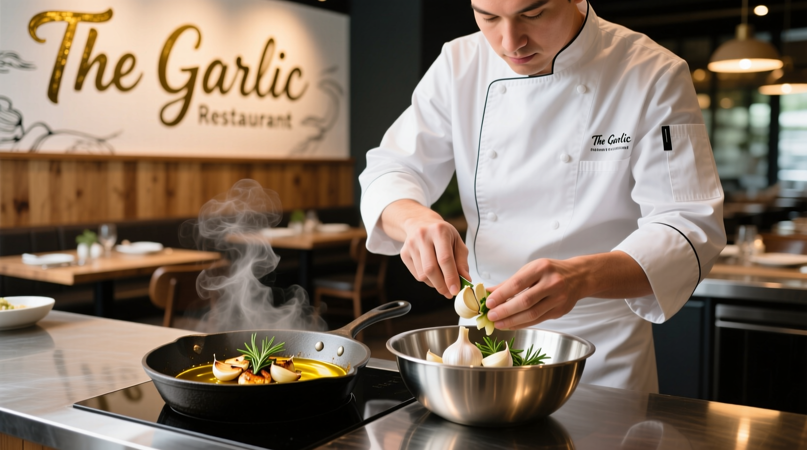 Chef preparing garlic-infused dish at The Garlic restaurant