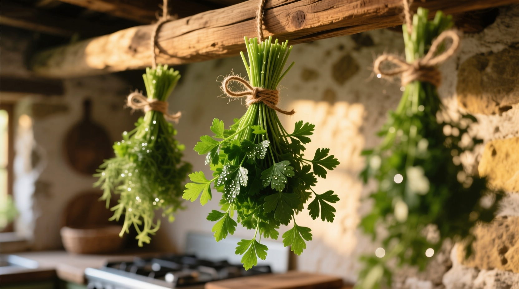 Fresh parsley bundles hanging for air drying