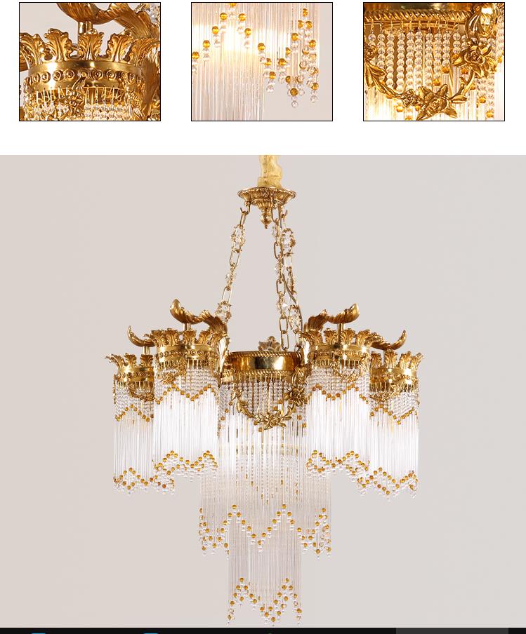 copper light pendant chandelier lamps gold color K9 crystal pure copper lamp for villa decoration