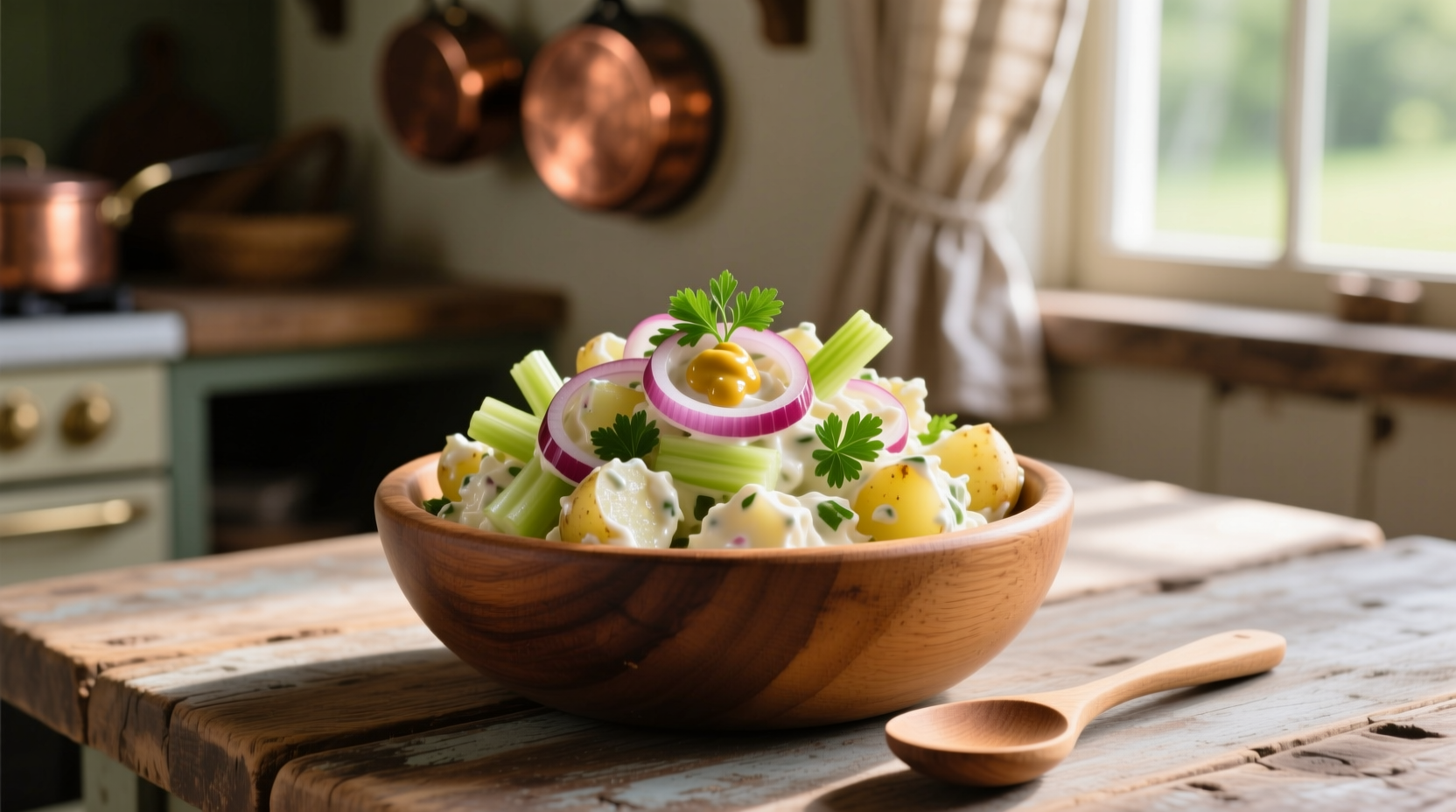 Freshly prepared potato salad in wooden bowl