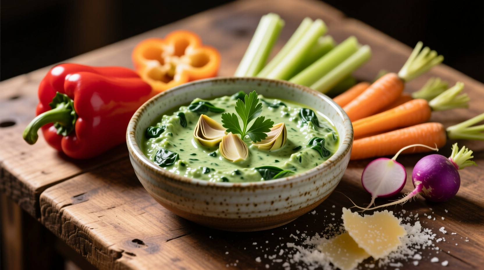Healthy spinach artichoke dip in ceramic bowl with vegetable dippers