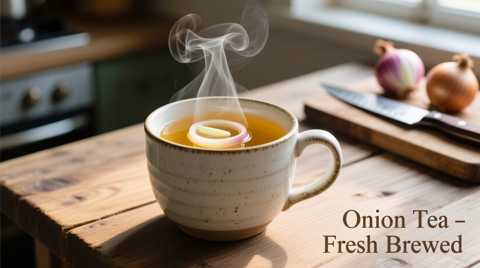 Freshly brewed onion tea in a ceramic mug with onion slices