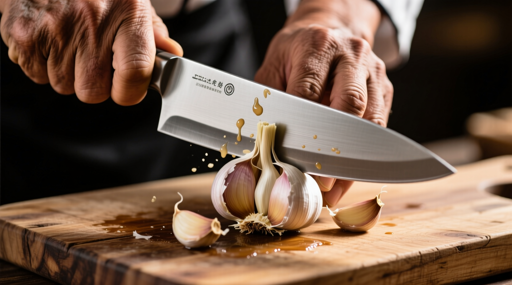 Chef's hand crushing garlic with knife on wooden board