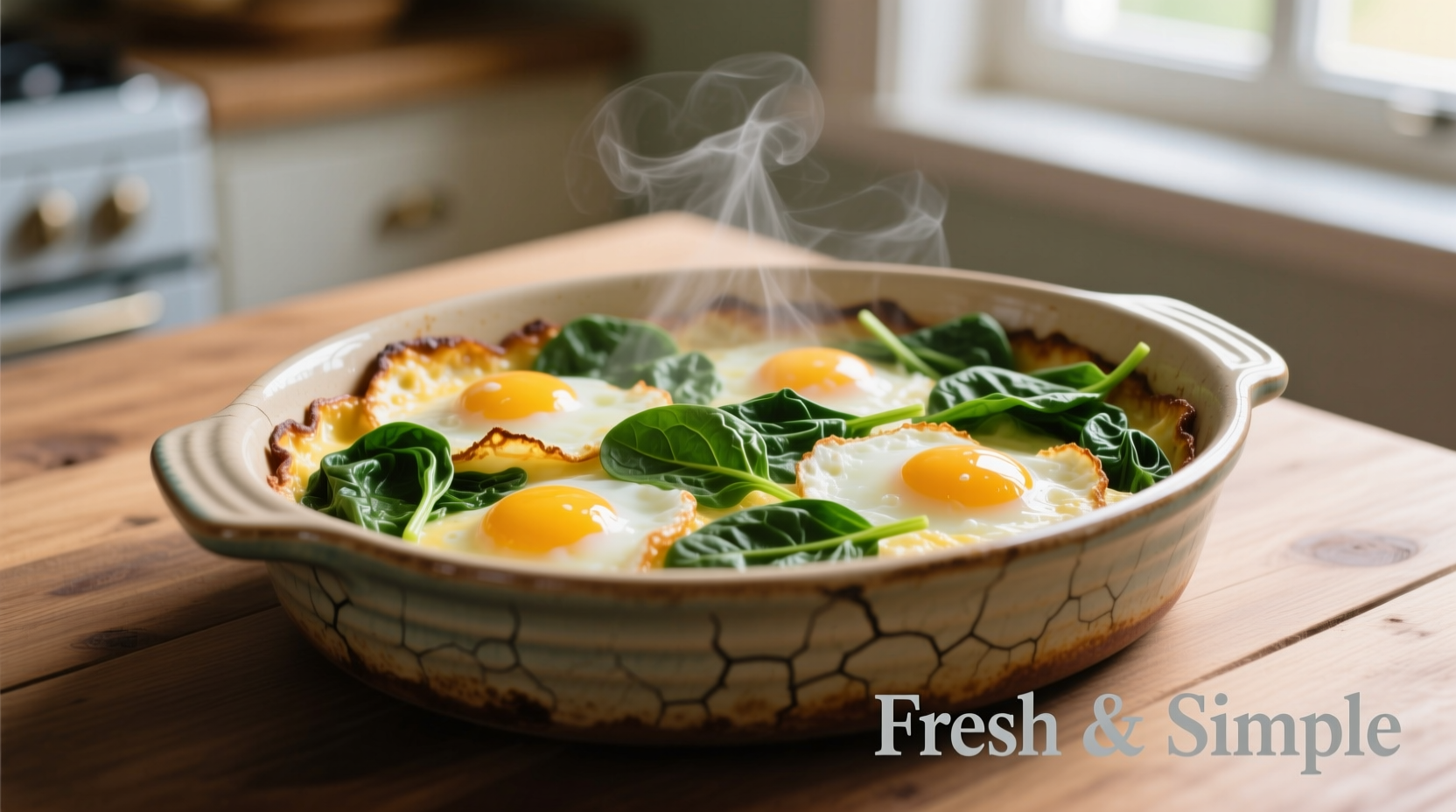 Fresh eggs and spinach bake in ceramic dish