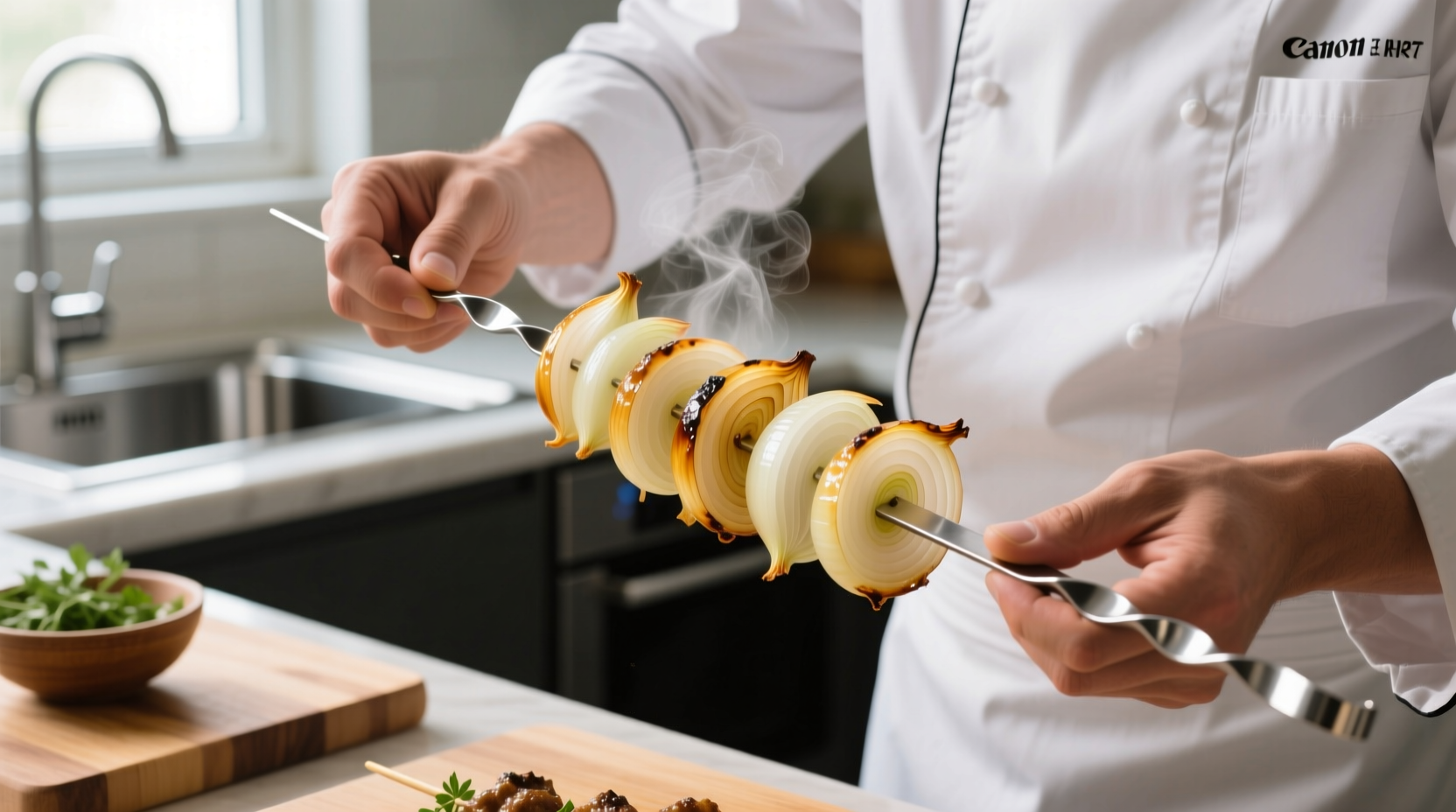 Chef threading onion wedges onto metal skewer for kabobs