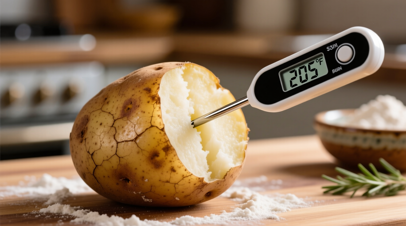 Thermometer correctly inserted horizontally through baked potato center