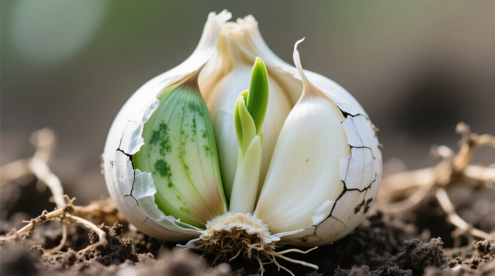 Fresh garlic cloves showing natural green discoloration