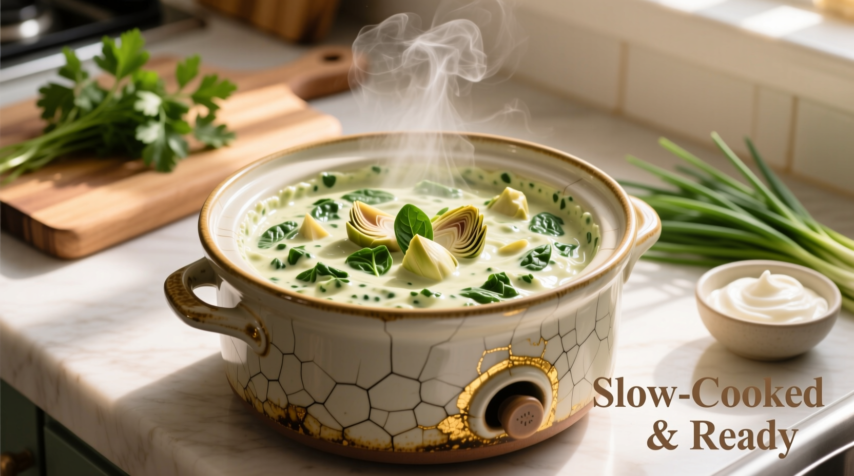 Slow cooker filled with creamy spinach artichoke dip