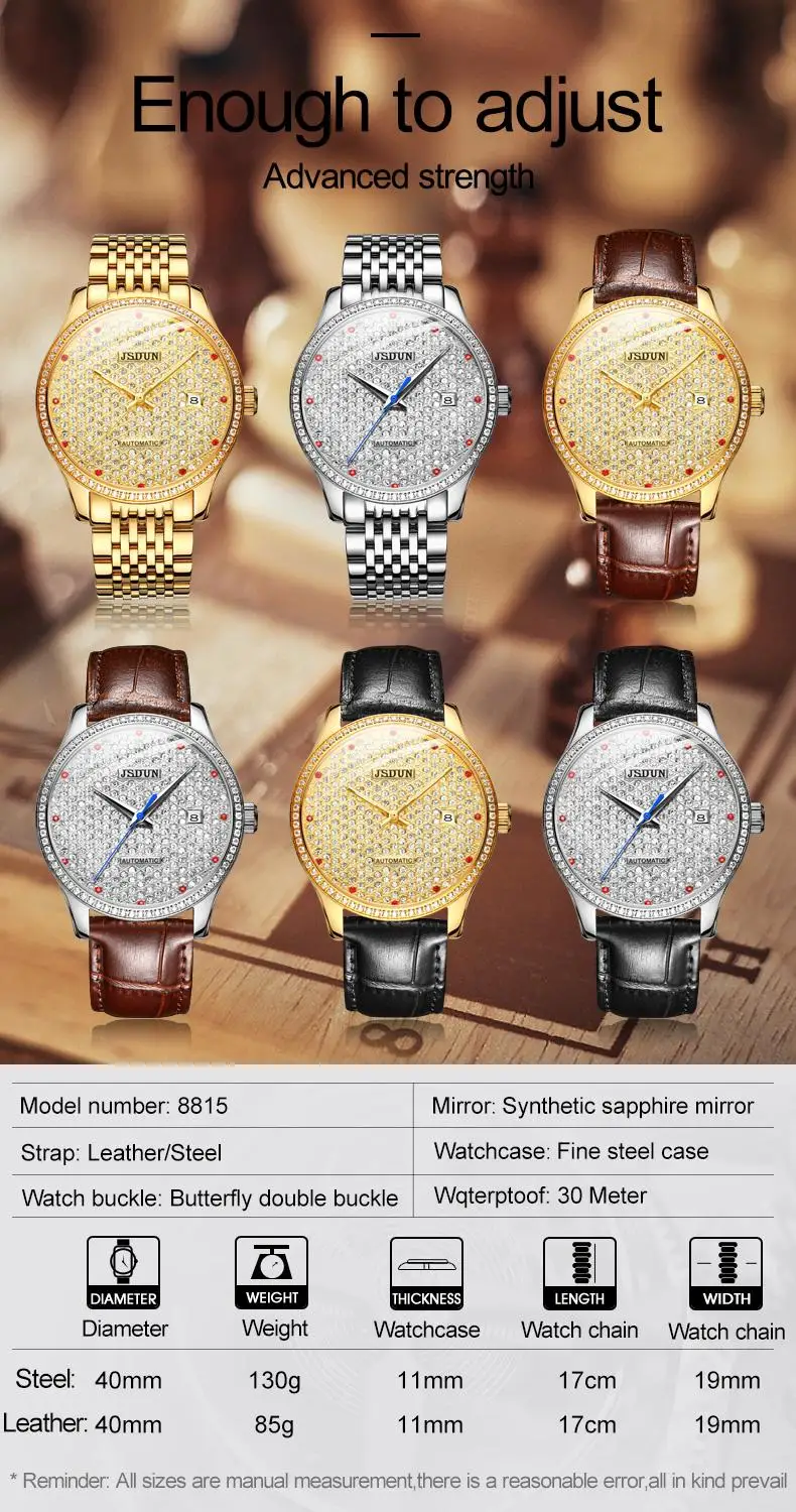 Men Watch Movement Luxury Brand JSDUN Mechanical Automatic Watch For Men Relojes Steel Band WaterProof Hand Clock