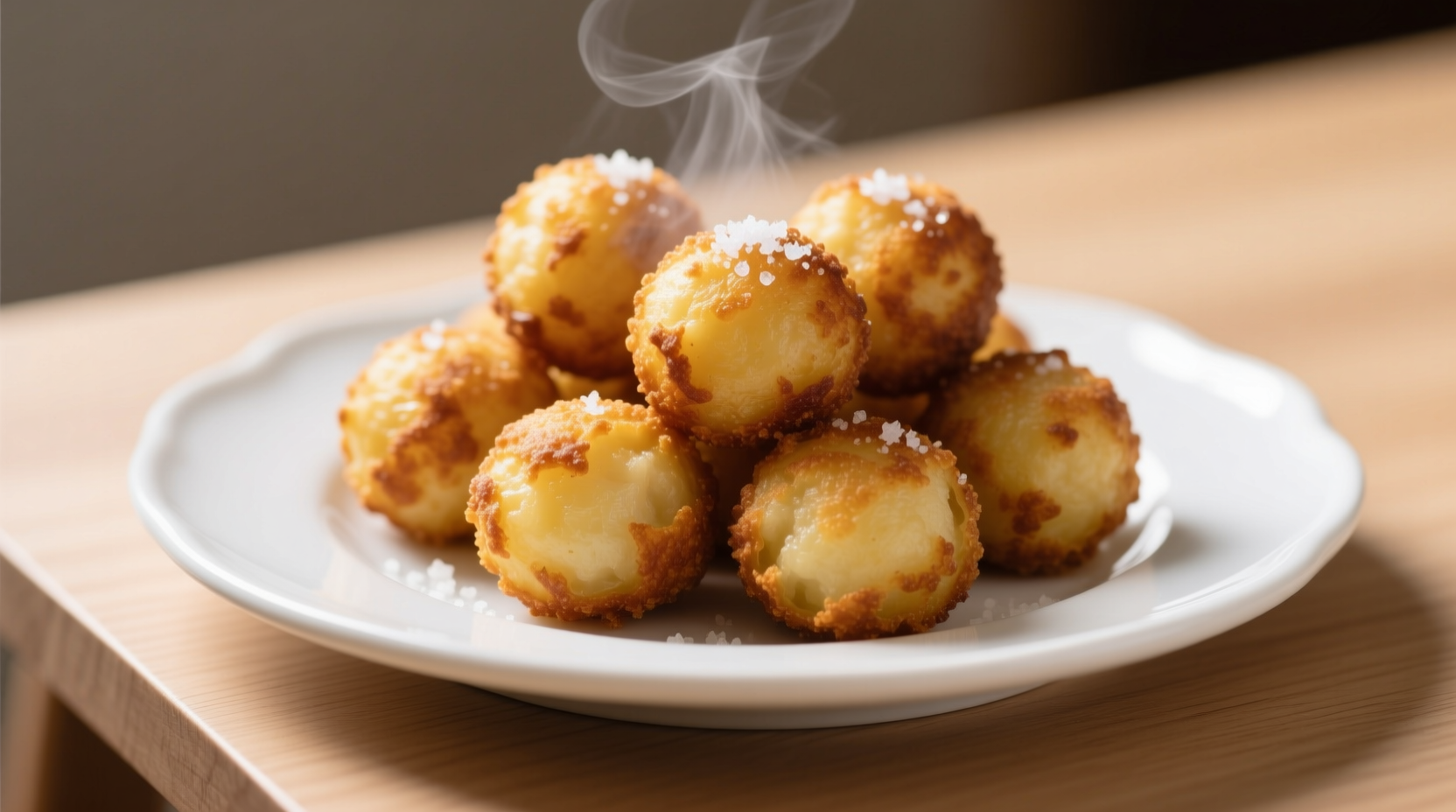 Golden brown potato balls on white plate