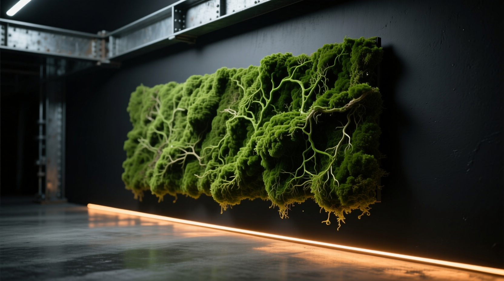 Close-up of a matte black wall featuring a textured, forest-green preserved moss panel, softly illuminated by a narrow band of amber LED light tracing its lower and right edges—creating a floating, dimensional effect against dark concrete flooring and exposed steel beams