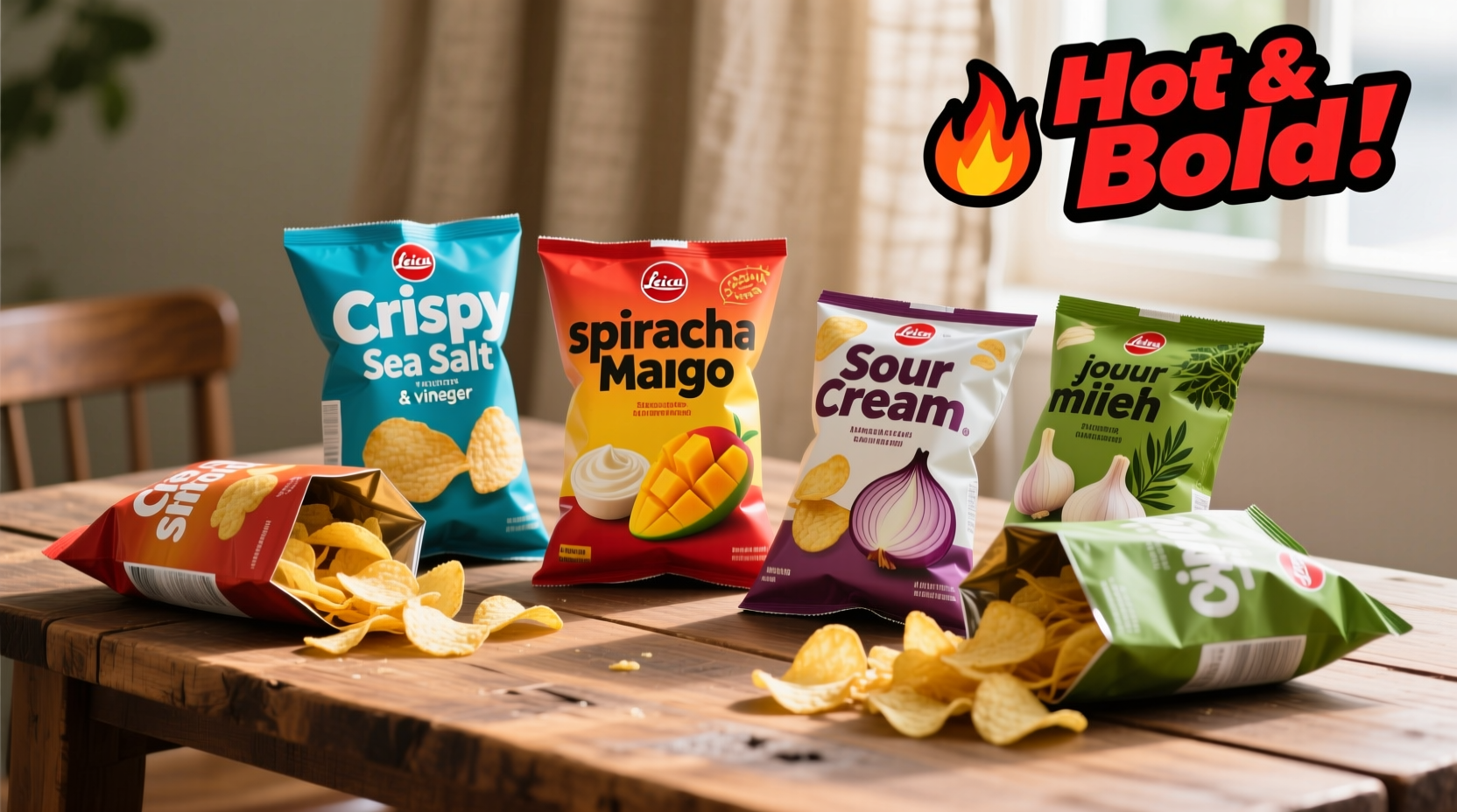 Assortment of trending potato chip varieties on wooden table