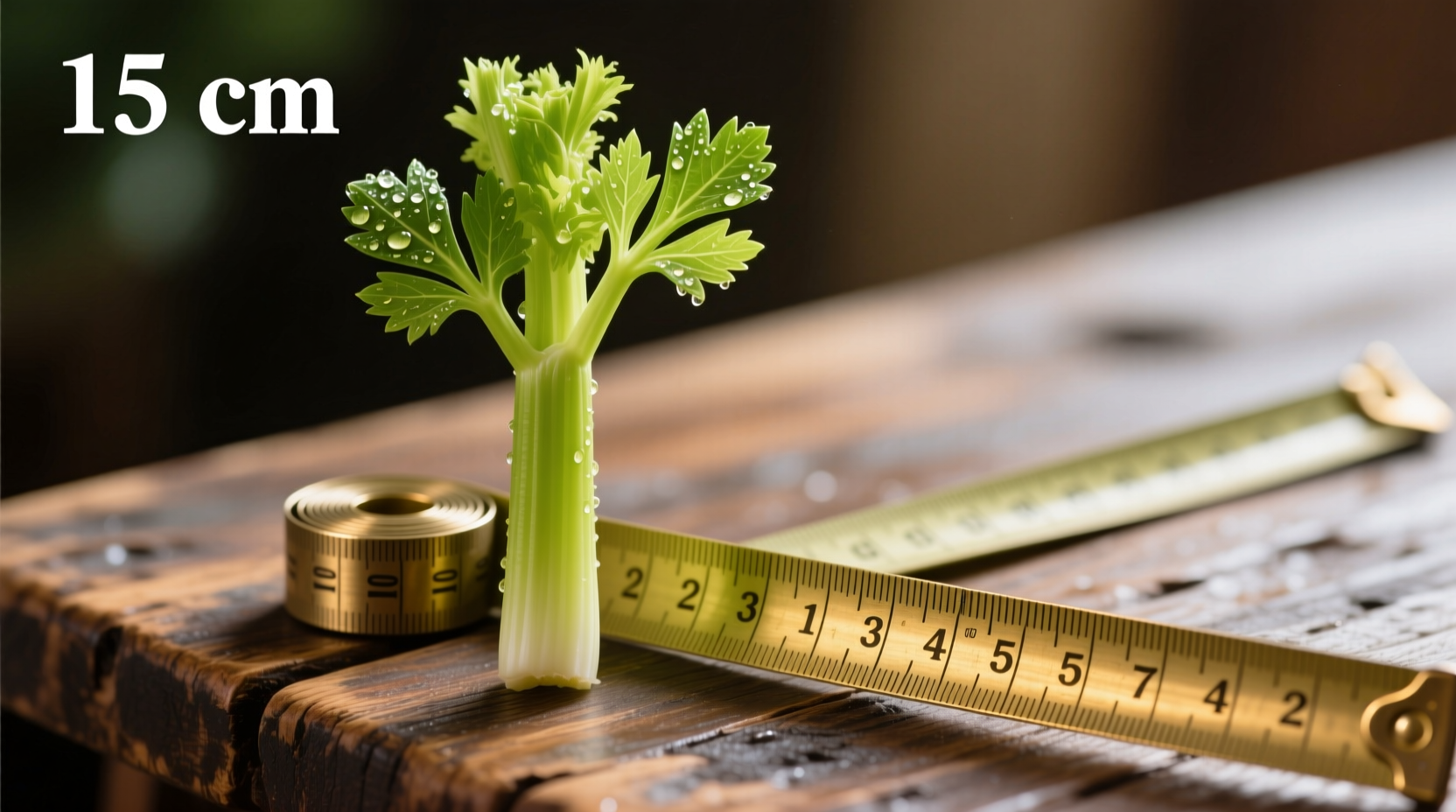 Single celery stalk next to measuring tape