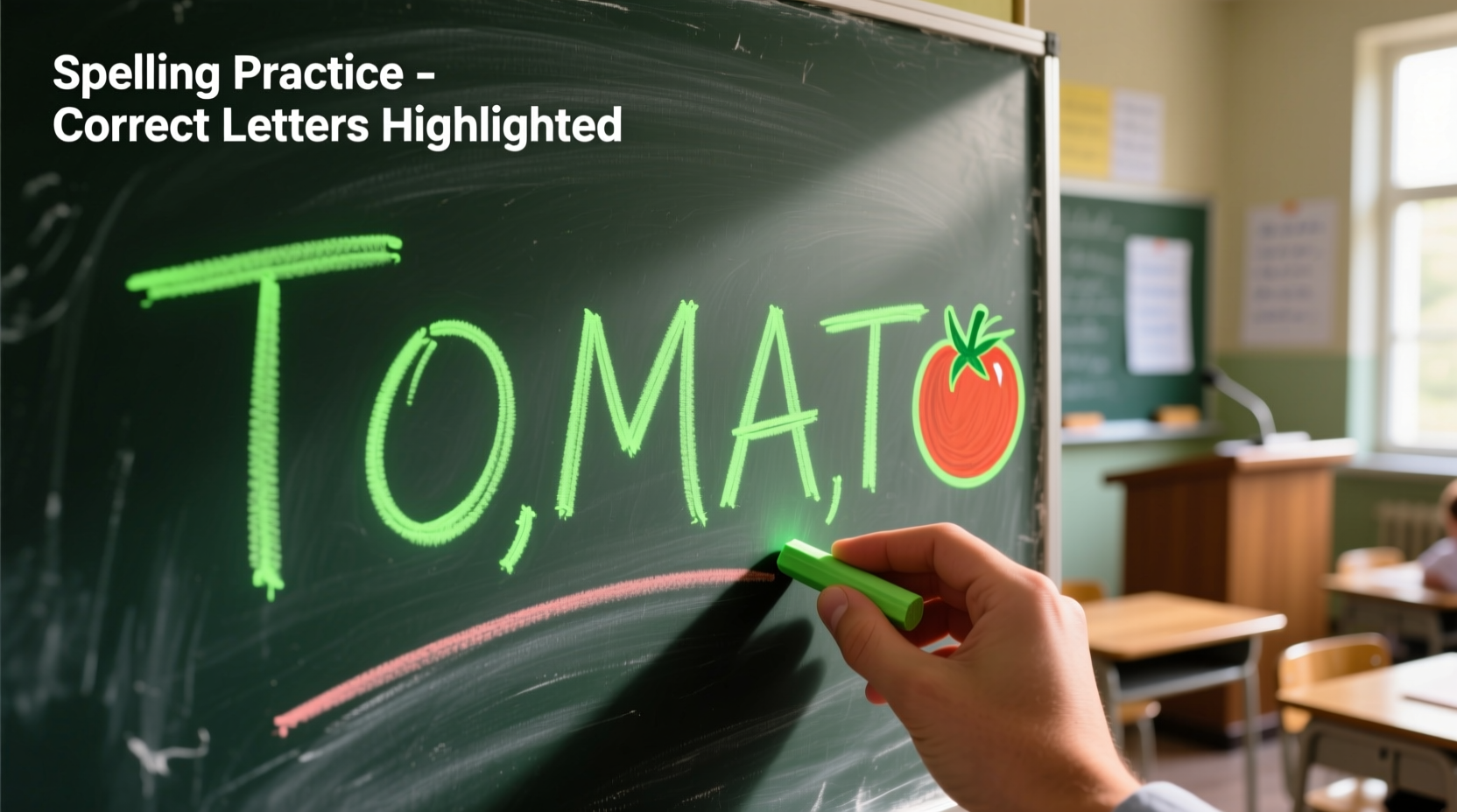 Tomato spelling demonstration with correct letters highlighted