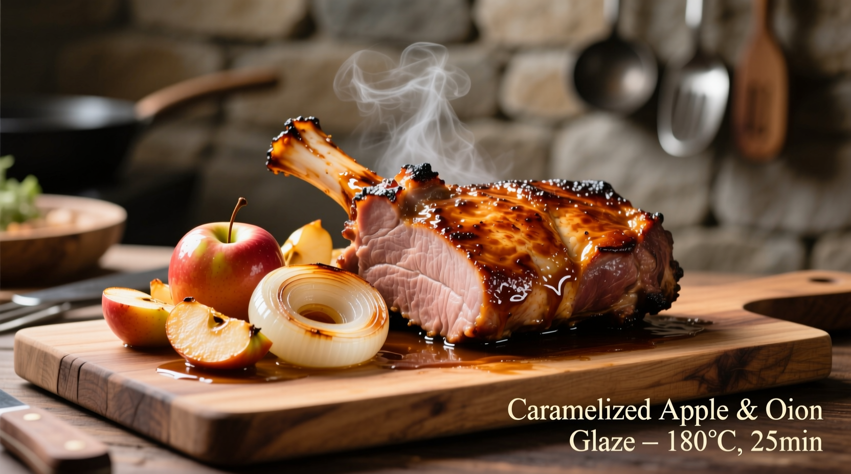 Juicy pork loin with caramelized apples and onions