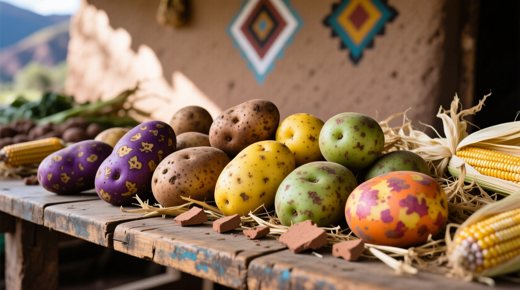 Colorful assortment of native Peruvian potato varieties on wooden table