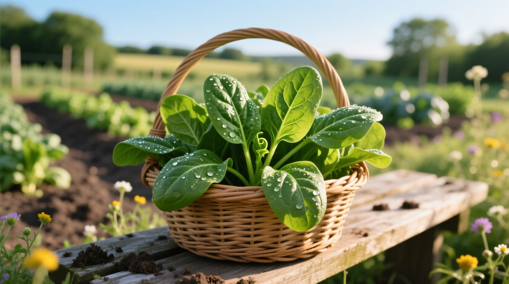 Fresh young spinach leaves in garden basket