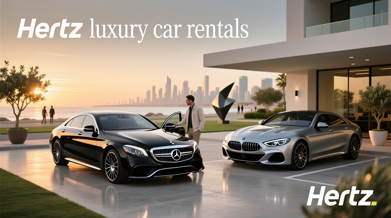 Hertz luxury car rental featuring a red sports car on urban street