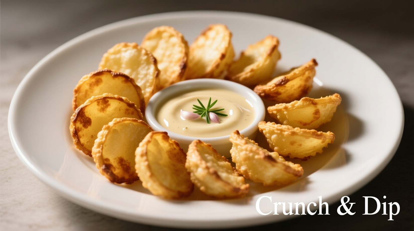Golden potato puffs on white plate with dipping sauce