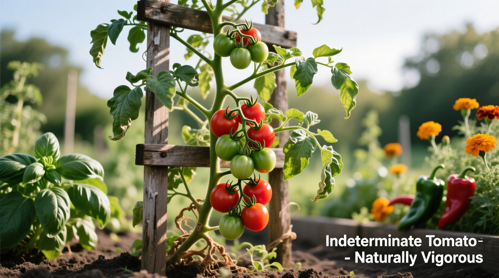 Indeterminate tomato plant growing on sturdy trellis system