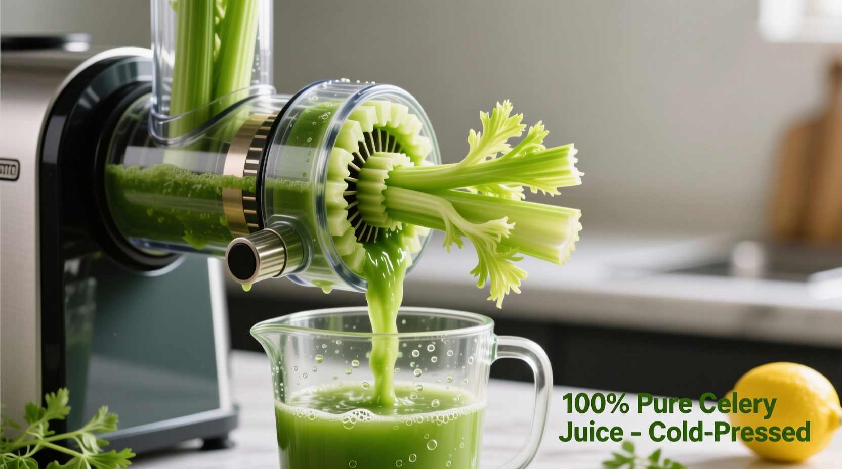 Masticating juicer extracting green celery juice
