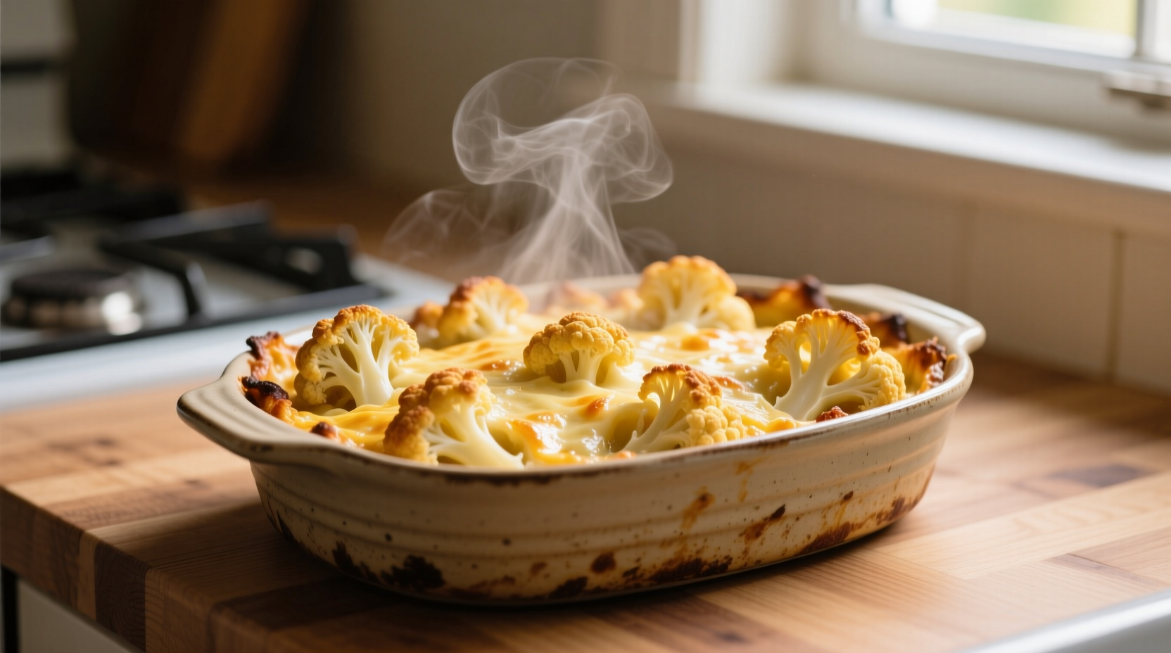 Golden cauliflower casserole fresh from oven
